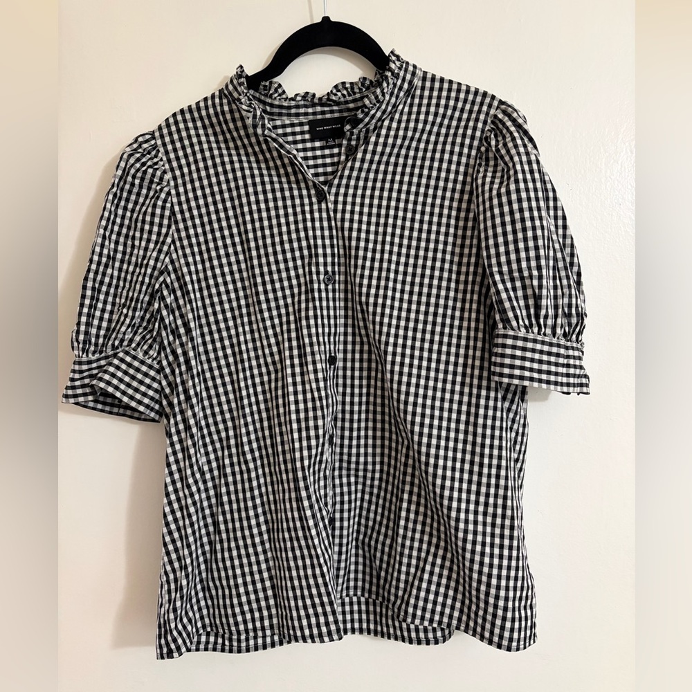 Who What Wear Black and White Checkered Blouse